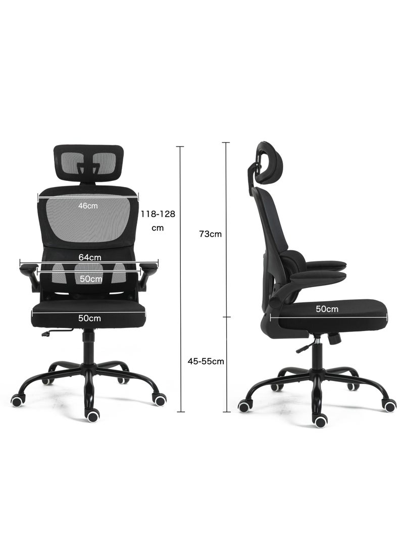 AnneFish - Ergonomic Home Office Desk Mesh Chair with Adjustable Lumbar Support High Back Executive Swivel Task Computer Chair with Flip-up Armrests Comfortable Headrest - Image 1