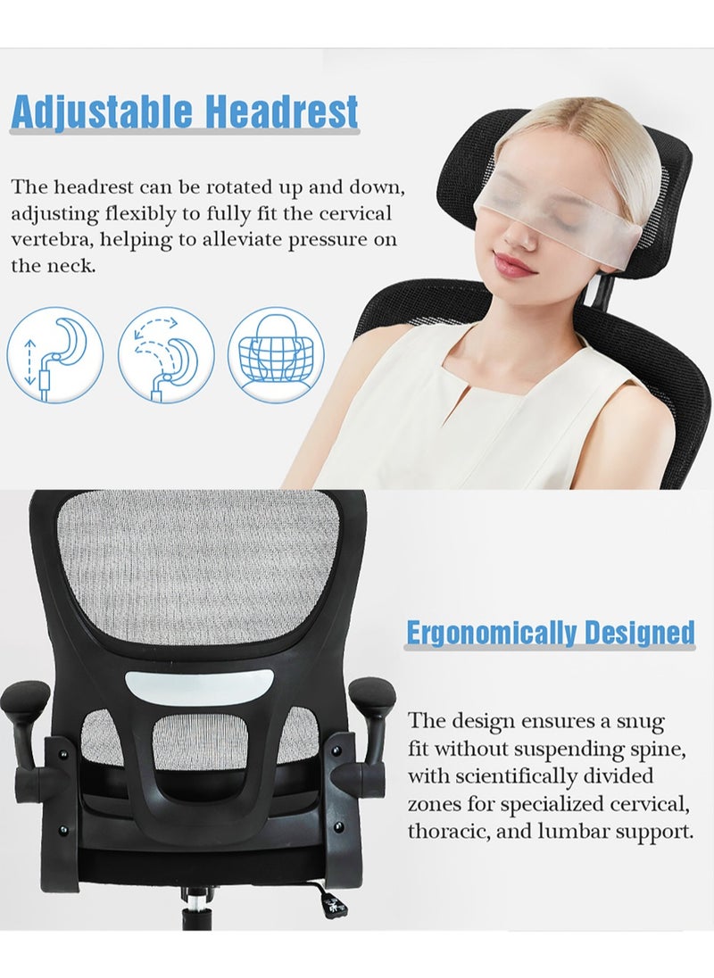 AnneFish - Ergonomic Home Office Desk Mesh Chair with Adjustable Lumbar Support High Back Executive Swivel Task Computer Chair with Flip-up Armrests Comfortable Headrest - Image 1