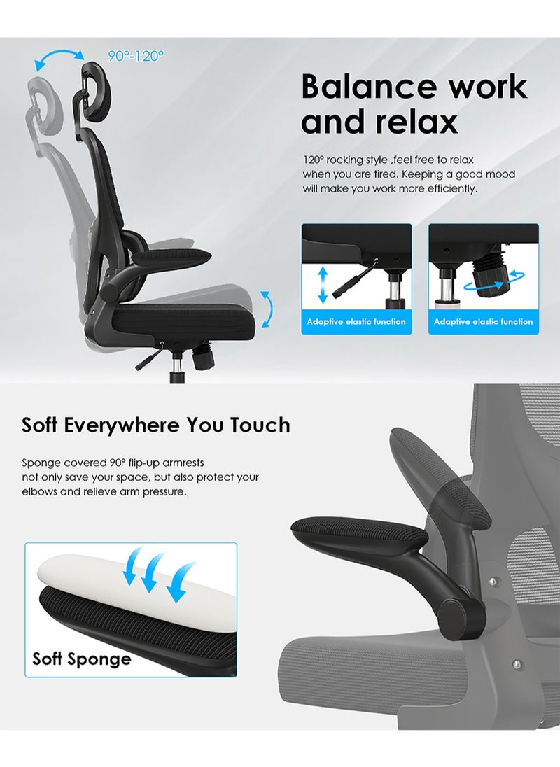 AnneFish - Ergonomic Home Office Desk Mesh Chair with Adjustable Lumbar Support High Back Executive Swivel Task Computer Chair with Flip-up Armrests Comfortable Headrest - Image 1