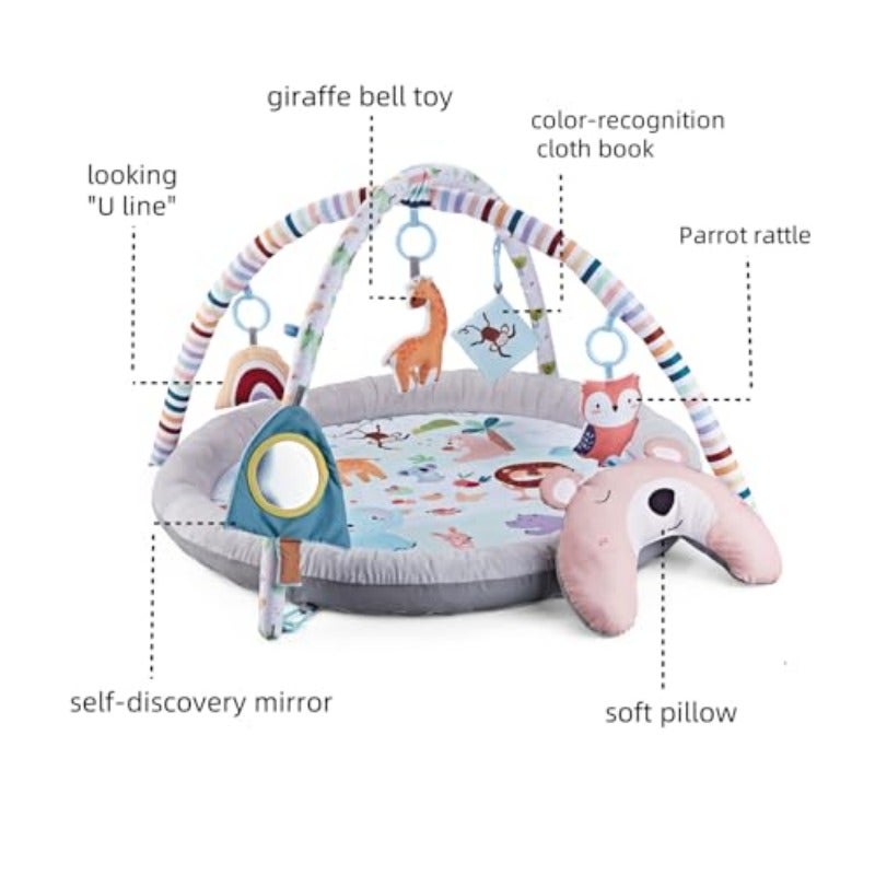 Baby Play Mat Baby Play Gym Plush Play Mat with 6 Toys and Moon Pillow Foldable Detachable Zoo Design Baby Gym for Early Education Develop MotorCognition Suitable for Babies Aged 0-18 Months - Image 2
