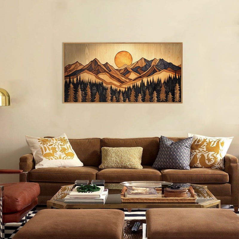 Ausril Woodcut Mountain Pine Tree Framed Canvas Wall Art Set - 20x40 Inch, Vintage Nature Forest Wilderness Landscape Print, Brown Boho Style Painting for Living Room, Bedroom, Office Decor - Image 2