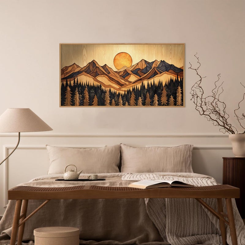 Ausril Woodcut Mountain Pine Tree Framed Canvas Wall Art Set - 20x40 Inch, Vintage Nature Forest Wilderness Landscape Print, Brown Boho Style Painting for Living Room, Bedroom, Office Decor - Image 3