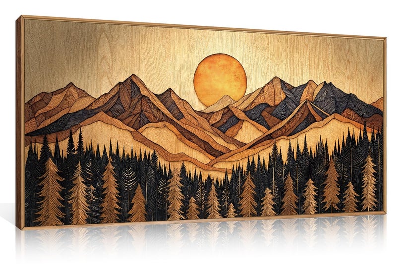 Ausril Woodcut Mountain Pine Tree Framed Canvas Wall Art Set - 20x40 Inch, Vintage Nature Forest Wilderness Landscape Print, Brown Boho Style Painting for Living Room, Bedroom, Office Decor - Image 1