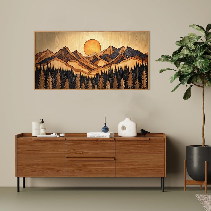 Ausril Woodcut Mountain Pine Tree Framed Canvas Wall Art Set - 20x40 Inch, Vintage Nature Forest Wilderness Landscape Print, Brown Boho Style Painting for Living Room, Bedroom, Office Decor - Image 5
