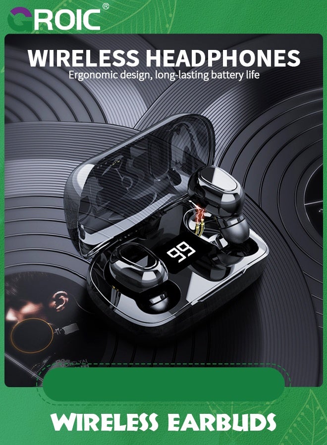 Black Bluetooth Wireless Earbuds, Earphone Headset with Charging Case displaying Battery time, Standby time 120Hrs, in-Ear Earbuds Mic for Mobile Phone, Tablets, Laptop