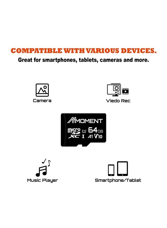 MMOMENT Micro SDHC Card, A1, UHS-I, U1, V10, Class 10 Compatible, Read Speed Up to 90 MB/s, SD Adapter Included (64GB, Black - A1, U1, V10) - Image 2