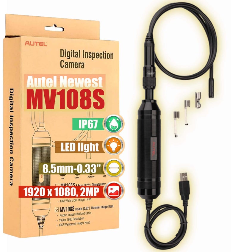 Autel كاميرا فحص رقمية أوتل ماكسي فيديو MV108S، ترقية 2025 MV108/MV105S مقاومة للماء IP67 بقطر 8.5 مم، منظار بطول 39.37''، كاميرا 2 ميجابكسل + ضوء LED بدقة 1920x1080 متوافقة مع ماسح أوتل وPC - Image 1