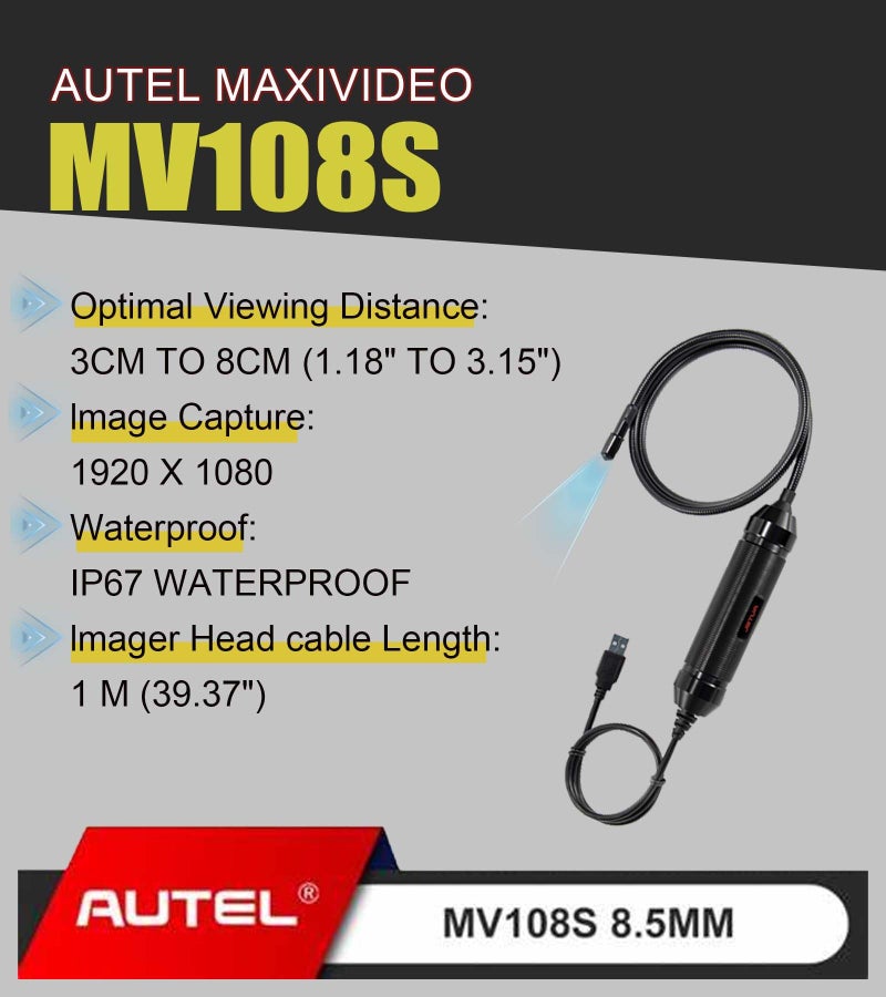 Autel كاميرا فحص رقمية أوتل ماكسي فيديو MV108S، ترقية 2025 MV108/MV105S مقاومة للماء IP67 بقطر 8.5 مم، منظار بطول 39.37''، كاميرا 2 ميجابكسل + ضوء LED بدقة 1920x1080 متوافقة مع ماسح أوتل وPC - Image 2