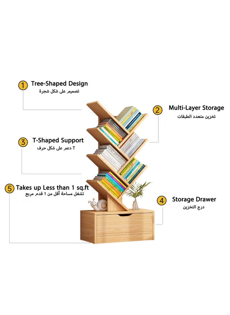 Jourvent - 6 Layers Tree Bookshelf with Drawer, Multi-Layer Creative Storage Rack, Floor Bookcase for Office & Home Living Room, Oak Brown - Image 1