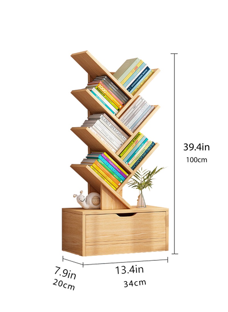 Jourvent - 6 Layers Tree Bookshelf with Drawer, Multi-Layer Creative Storage Rack, Floor Bookcase for Office & Home Living Room, Oak Brown - Image 1