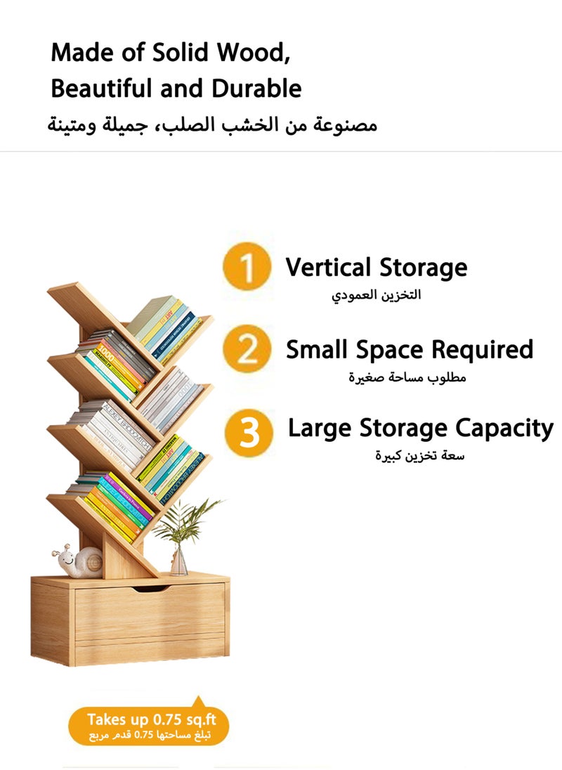 Jourvent - 6 Layers Tree Bookshelf with Drawer, Multi-Layer Creative Storage Rack, Floor Bookcase for Office & Home Living Room, Oak Brown - Image 1