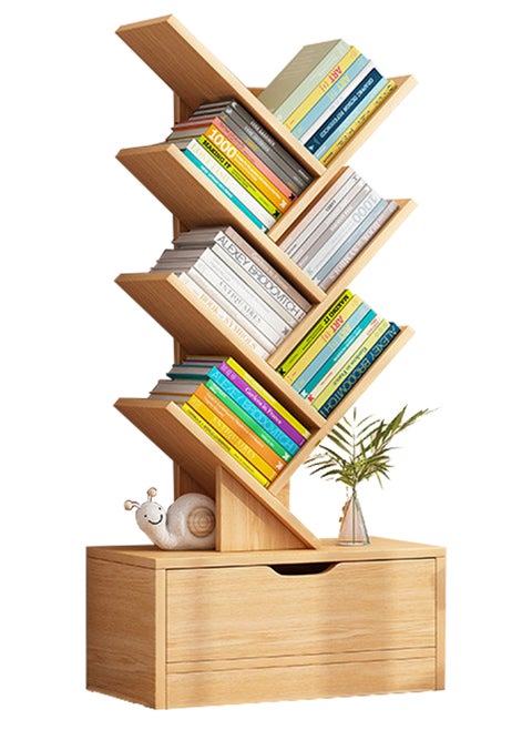 6 Layers Tree Bookshelf with Drawer, Multi-Layer Creative Storage Rack, Floor Bookcase for Office & Home Living Room, Oak Brown