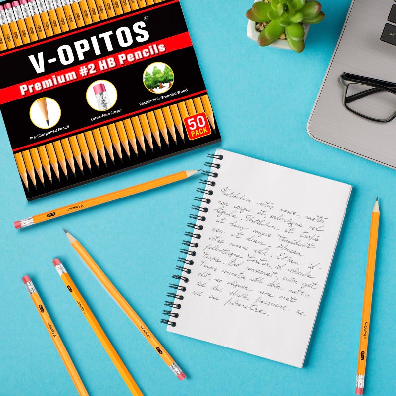 V-Opitos Wood-Cased #2 HB Pencils, 50 Pack Bulk Pre-Sharpened Yellow Pencils with Top Erasers, School Classroom Teacher Supplies, Writing, Drawing and Sketching - Image 2
