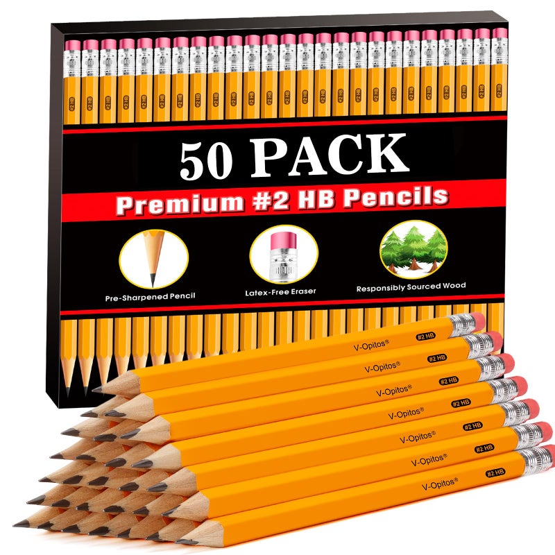 V-Opitos Wood-Cased #2 HB Pencils, 50 Pack Bulk Pre-Sharpened Yellow Pencils with Top Erasers, School Classroom Teacher Supplies, Writing, Drawing and Sketching - Image 1