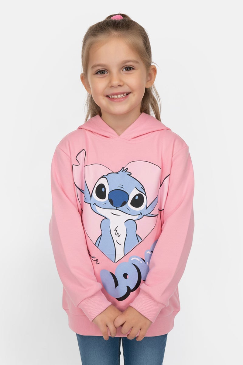 Disney Toddlers Girl Long Sleeve Lilo And Stitch Hooded Sweatshirt, Pink - Image 1