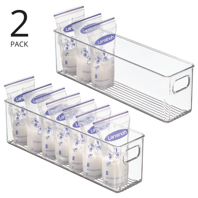 mDesign Plastic Long Stackable Storage Organizer Container, Organization Bin w/Handles for Kitchen, Pantry, Fridge, Freezer, Cabinet, Perfect to Hold Breast Milk - Ligne Collection - 2 Pack, Clear - Image 2