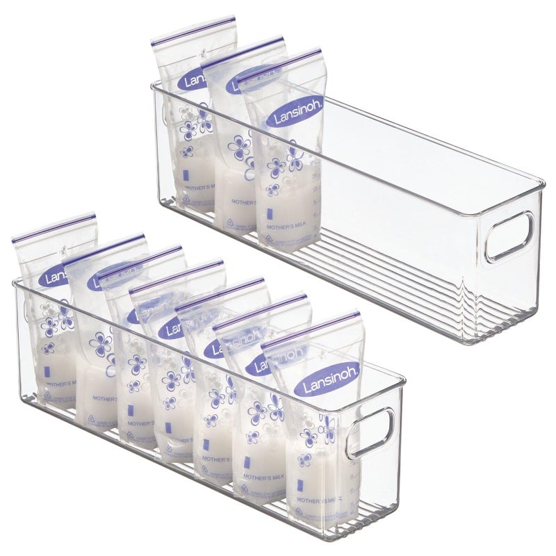 mDesign Plastic Long Stackable Storage Organizer Container, Organization Bin w/Handles for Kitchen, Pantry, Fridge, Freezer, Cabinet, Perfect to Hold Breast Milk - Ligne Collection - 2 Pack, Clear - Image 1