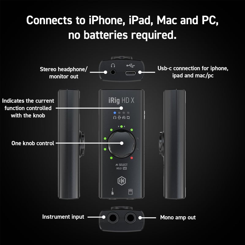 IK Multimedia واجهة صوتية لجيتار IK Multimedia iRig HD X - تسجيل موسيقي 96 كيلوهرتز، 24 بت، لجهاز iPhone وiPad وMac وiOS وPC مع كابل لايتنينغ وUSB-C، ملحقات جيتار، معدات استوديو التسجيل - Image 5