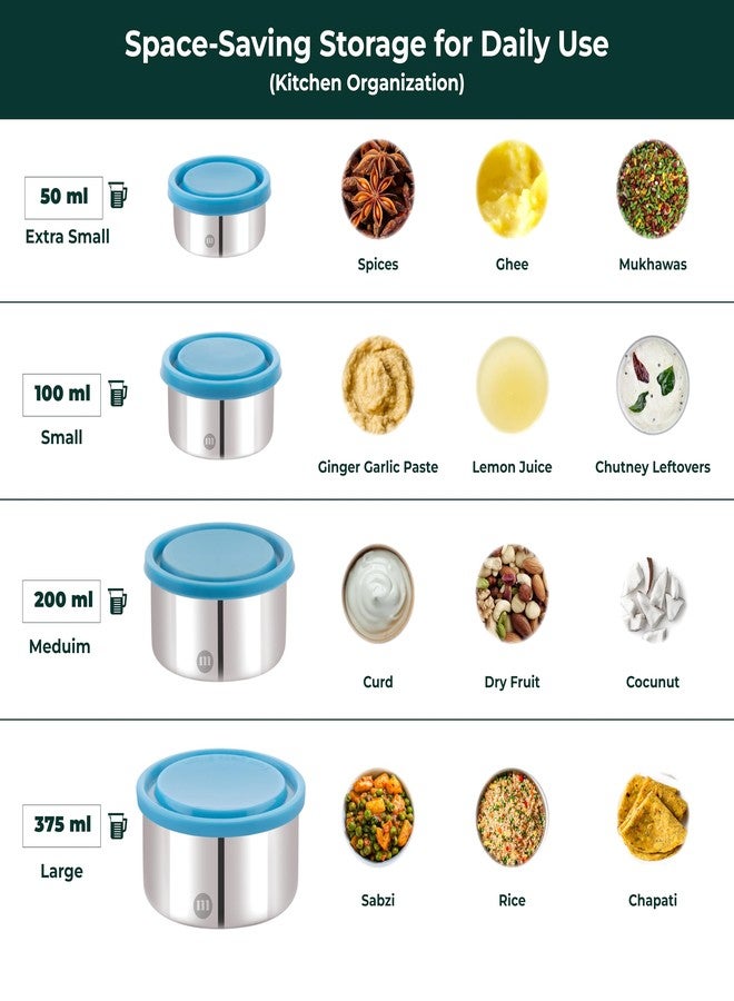 MARU Stainless Steel Multi Sizes Small Chutney Dabba set of 4, (50ml, 100ml, 200ml & 375ml), Durable Steel container with leakproof silicon Lids, Ideal for Dips, Salad, Dahi & pickle Food (Green) - Image 5