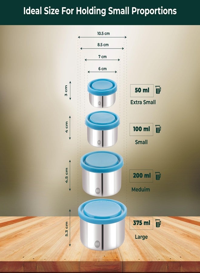 MARU Stainless Steel Multi Sizes Small Chutney Dabba set of 4, (50ml, 100ml, 200ml & 375ml), Durable Steel container with leakproof silicon Lids, Ideal for Dips, Salad, Dahi & pickle Food (Green) - Image 2