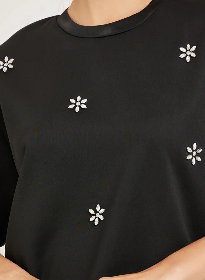 Styli  Black Embellished Oversized T-Shirt for Women | Best Price UAE
