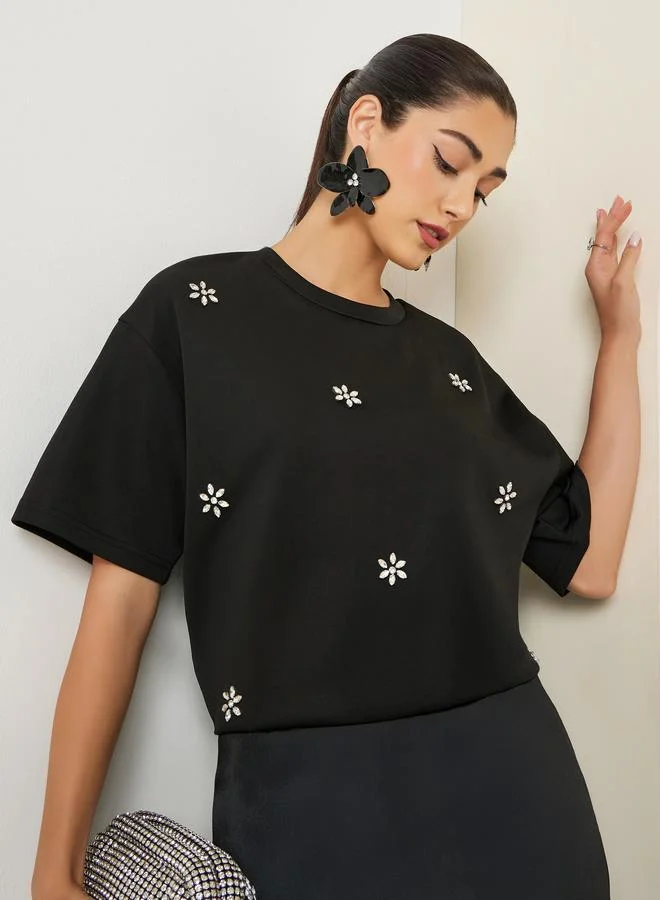 Black Embellished Oversized T-Shirt