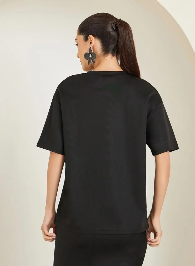 Styli  Black Embellished Oversized T-Shirt for Women | Best Price UAE