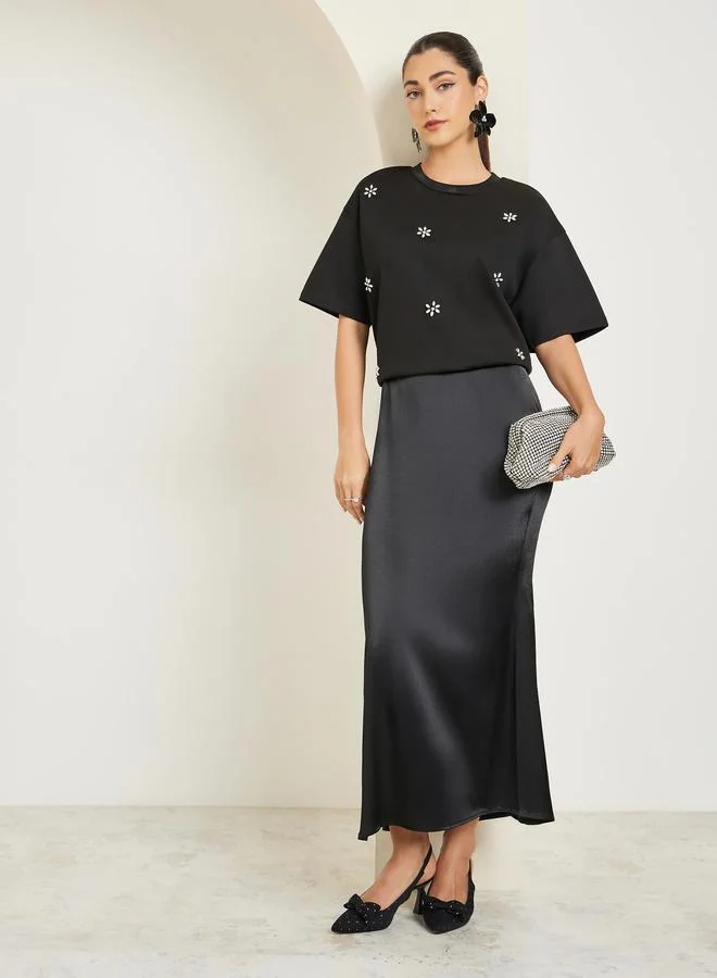 Styli  Black Embellished Oversized T-Shirt for Women | Best Price UAE