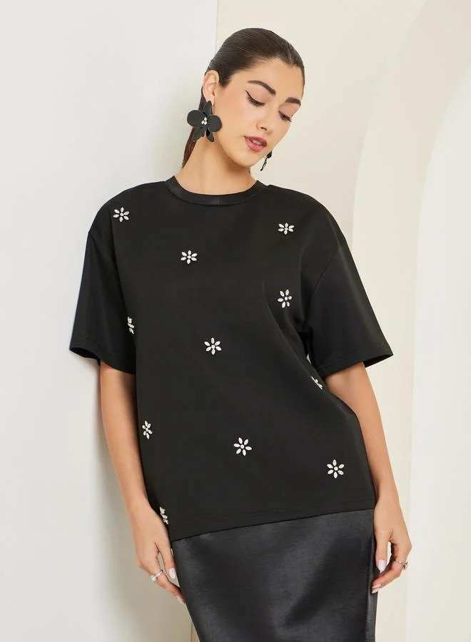 Styli  Black Embellished Oversized T-Shirt for Women | Best Price UAE