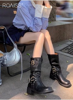 roaiss Fashionable Versatile Thick Sole Boots Women'S Daily Commuting Western Denim Calf Boots Metal Decoration Waterproof Boots  - Image 3