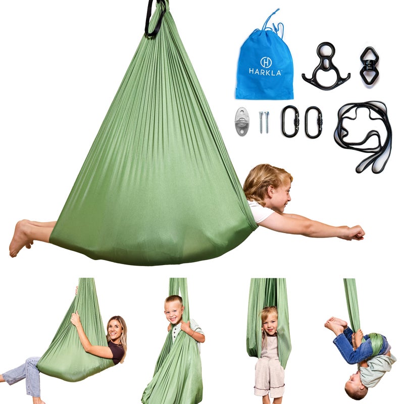 Harkla Sensory Swing for Kids Adults Holds 300lbs Indoor Outdoor Sensory Swing for Hug Like Calming Effect Durable Soft Stretch Fabric and Heavy Duty Hardware Green 100 Swing 5 Swivel - Image 2
