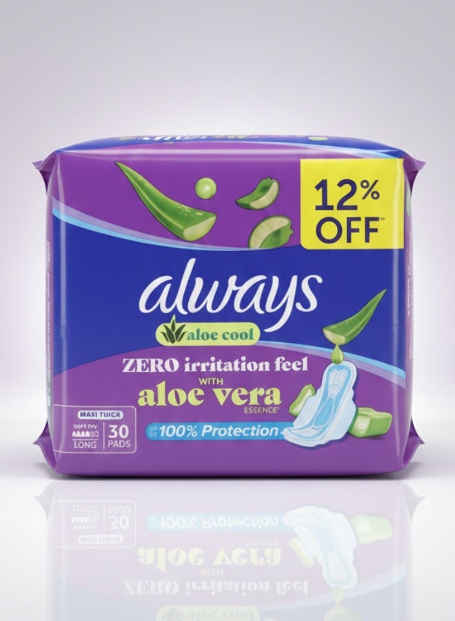 Always Aloe Cool Clean And Dry Maxi Thick Long Sanitary Pads With Wings 30 Pads Soft Comfort Protection Fresh Feel - Image 1