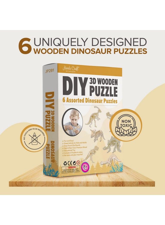 Hands Craft Diy 3D Wooden Puzzle 6 Assorted Dinosaur Bundle Pack Set Brain Teaser Puzzles Educational Stem Toy Adults And Kids To Build Safe And Non Toxic Easy Punch Out Premium Wood Jp2B1  - Image 3