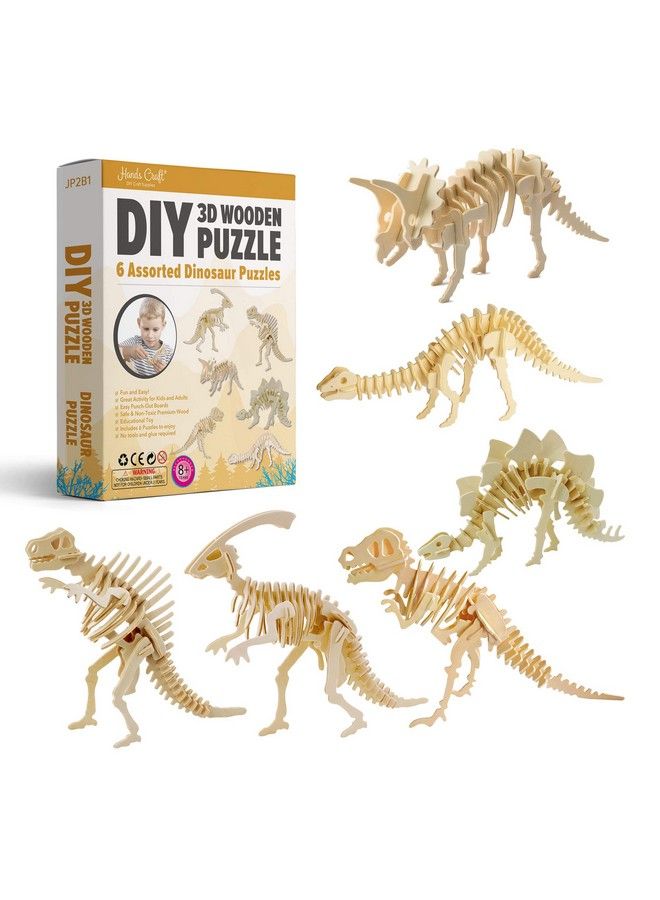 Hands Craft Diy 3D Wooden Puzzle 6 Assorted Dinosaur Bundle Pack Set Brain Teaser Puzzles Educational Stem Toy Adults And Kids To Build Safe And Non Toxic Easy Punch Out Premium Wood Jp2B1  - Image 1
