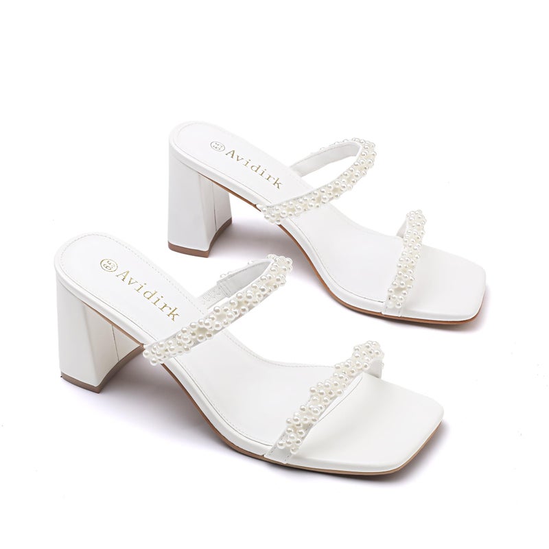 Avidirk Pearl White Heels Sandals Women's Square Open Toe Heeled Sandals Two Strap Mules Slip On Block Chunky Mid Heeled - Image 4