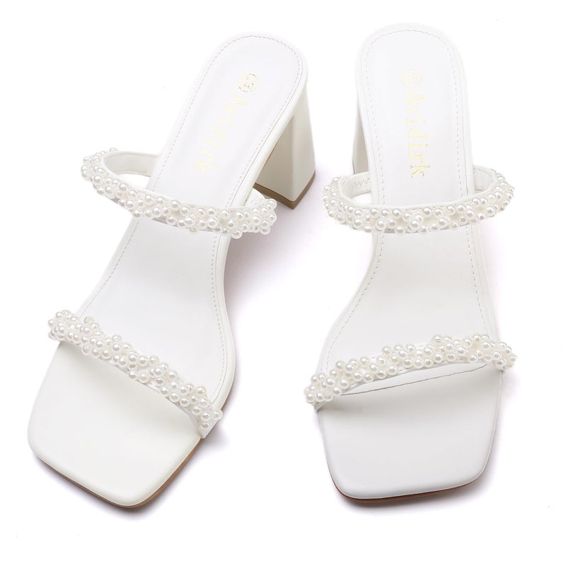 Avidirk Pearl White Heels Sandals Women's Square Open Toe Heeled Sandals Two Strap Mules Slip On Block Chunky Mid Heeled - Image 5