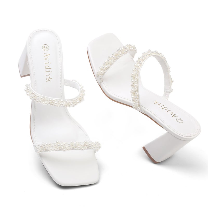 Avidirk Pearl White Heels Sandals Women's Square Open Toe Heeled Sandals Two Strap Mules Slip On Block Chunky Mid Heeled - Image 3