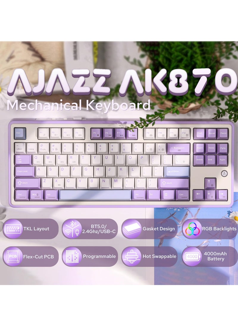 آجاز - لوحة مفاتيح ميكانيكية AK870 TKL مزودة بحامل حشوة قابل للتبديل السريع، بلوتوث/2.4 جيجاهرتز/ Type-C RGB مخصصة، لوحة مفاتيح LED مواجهة للجنوب لنظامي التشغيل Windows وMac، مفتاح Flying Fish - Image 1