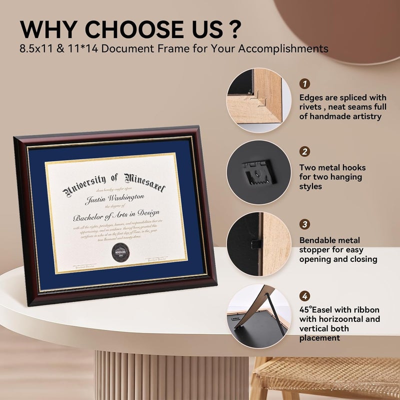 GAMYPET Solid Wood Diploma Frame 8.5 x 11 Certificate Frames with Navy Mat or 11x14 Document without Mat as Graduation Picture Frame - Image 4