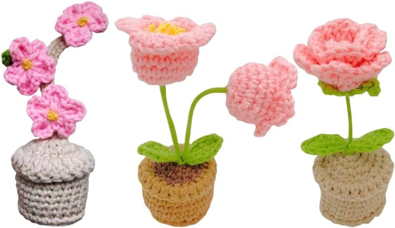 Yangshine 3 Pcs Mini Handmade Crochet Knitted Lily of the Valley Flower Pot for Office Car Dashboard Decoration #4 - Image 1