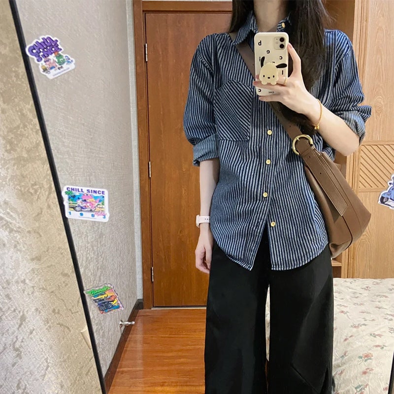 Hong Kong Style Retro Blue Striped Shirt Womens Autumn 2024 New Loose Casual Early Autumn Thin Coat Top Picture color