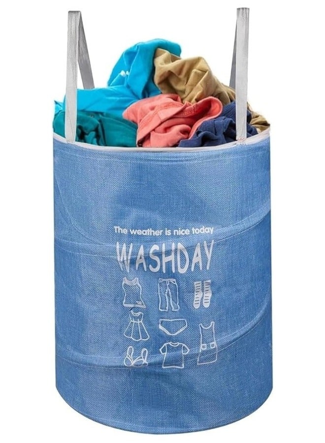 Round Fabric Laundry Basket, Foldable Waterproof Storage Basket with Zippered Lid Perfect for Clothes, Toys and Space Organization 40 x 49 cm - Blue - Image 1