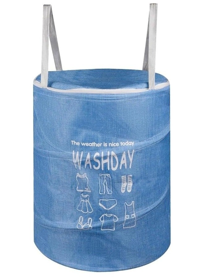 Round Fabric Laundry Basket, Foldable Waterproof Storage Basket with Zippered Lid Perfect for Clothes, Toys and Space Organization 40 x 49 cm - Blue - Image 2