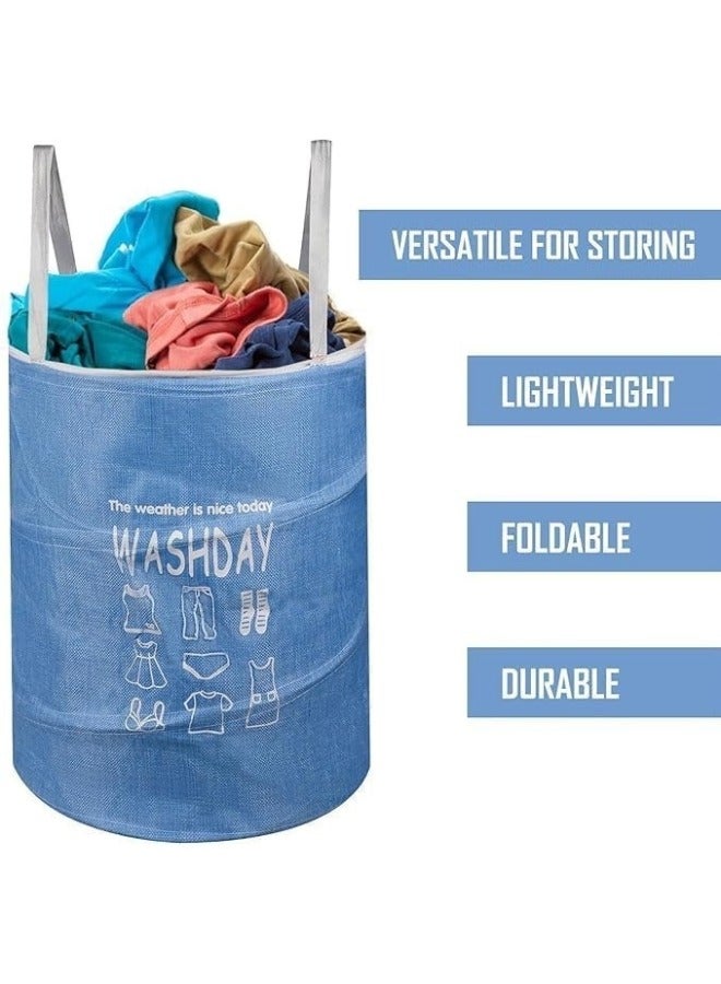 Round Fabric Laundry Basket, Foldable Waterproof Storage Basket with Zippered Lid Perfect for Clothes, Toys and Space Organization 40 x 49 cm - Blue - Image 3