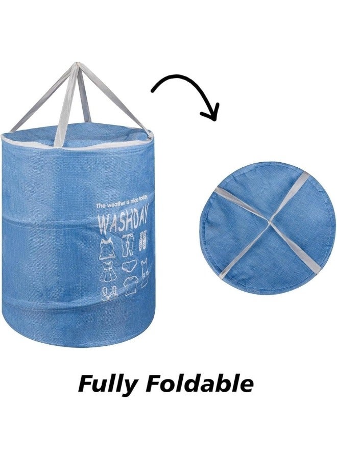 Round Fabric Laundry Basket, Foldable Waterproof Storage Basket with Zippered Lid Perfect for Clothes, Toys and Space Organization 40 x 49 cm - Blue - Image 4