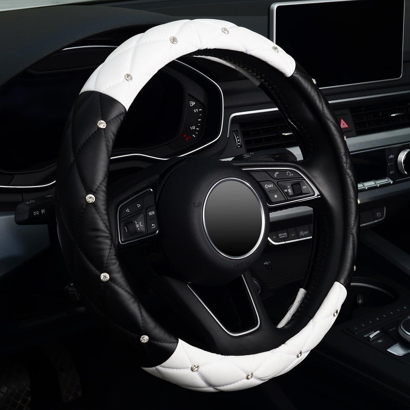 KAFEEK Diamond Soft Leather Steering Wheel Cover with Bling Bling Crystal Rhinestones, Universal 15 inch, Black White