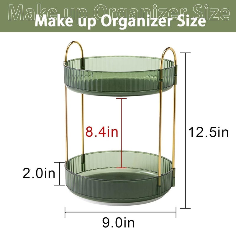 Dravina 360° Rotating Makeup Organizer Rack| 2 Tier Standing Countertop Cosmetic Vanity Tray For Makeup, Skincare|Corner Rack For Bedroom,Bathroom (2 Layer- Green (Rack) + Gold Rods) - Image 2