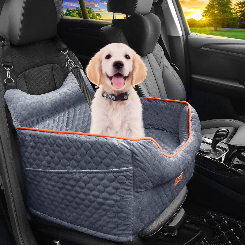 EUHAMS Dog Car Seat - Memory Foam Dog Booster Seat for Small Dogs Up to 25lbs-Elevated Pet Car Seat with Storage Pockets and Dog Seat Belt-Soft Pet Travel Bed for Front & Back Seats-Removable Washable-Grey - Image 1