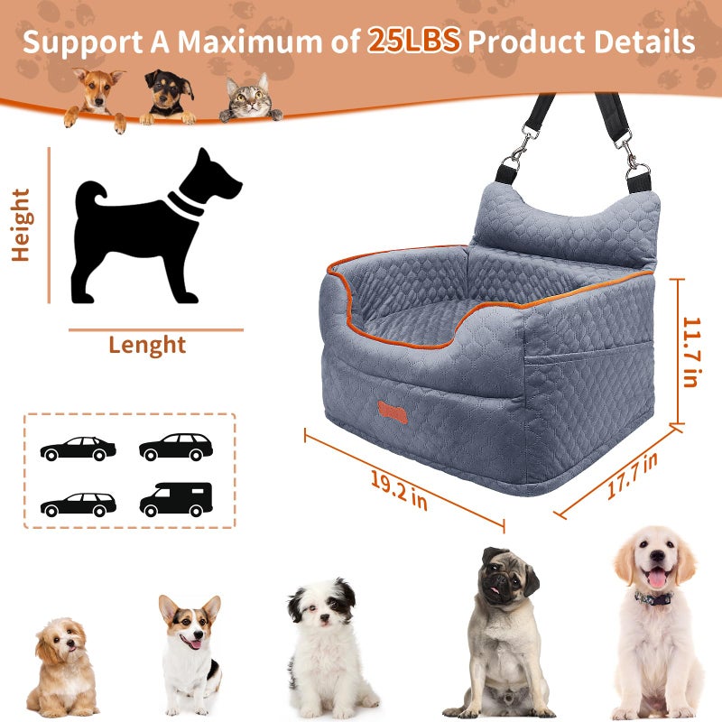 EUHAMS Dog Car Seat - Memory Foam Dog Booster Seat for Small Dogs Up to 25lbs-Elevated Pet Car Seat with Storage Pockets and Dog Seat Belt-Soft Pet Travel Bed for Front & Back Seats-Removable Washable-Grey - Image 3