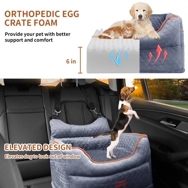 EUHAMS Dog Car Seat - Memory Foam Dog Booster Seat for Small Dogs Up to 25lbs-Elevated Pet Car Seat with Storage Pockets and Dog Seat Belt-Soft Pet Travel Bed for Front & Back Seats-Removable Washable-Grey - Image 2
